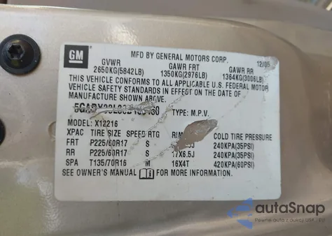 2005 Buick Terraza Cxl z USA, uszkodzony, nr VIN 5GADX33L65D227425